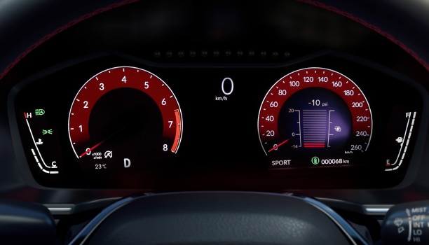 Gros plan de l’écran TFT du compteur du conducteur, montrant le compte-tours, l’indicateur de vitesse, le compteur kilométrique, etc.