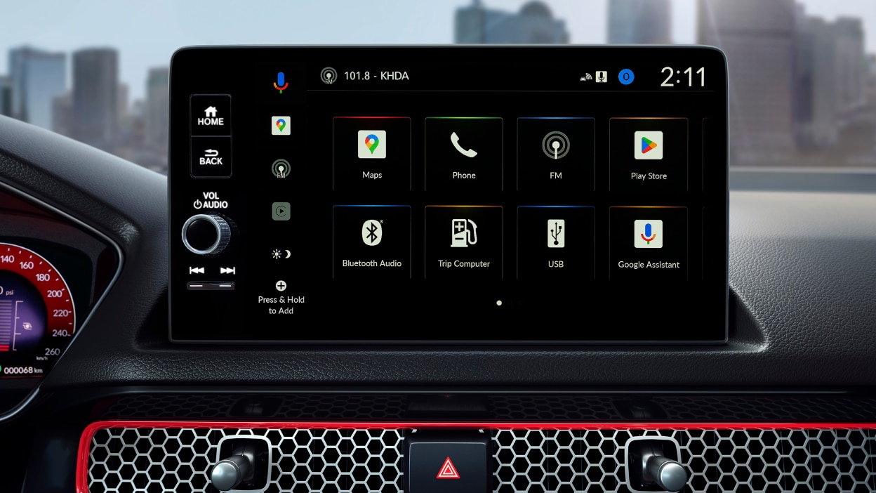 Head-on closeup of colour touchscreen displaying its home screen.