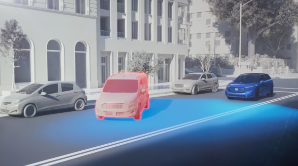 Graphic illustration of a a vehicle with blue lights emenating from the front on a city street, detecting a potential collision. 