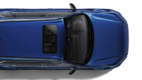 Bird’s eye view of blue Honda CR-V on white space, highlighting the moonroof. 