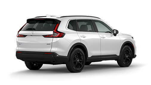 ¾ driver side rear facing view of 2023 Honda CR-V Sport model in Platinum White Pearl colour