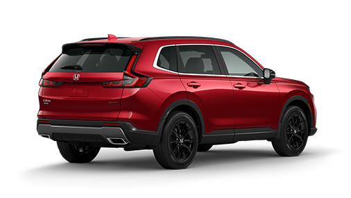 ¾ driver side rear facing view of 2023 CR-V Sport model in Radiant Red Metallic colour