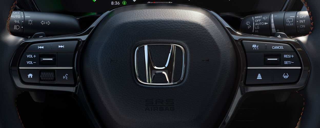 Head-on closeup of steering wheel.