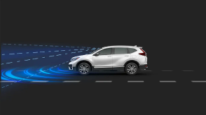 Side view of white CR-V in black CGI space. Blue sensor waves and lines emit from the front.