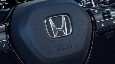 Head-on closeup of steering wheel. 