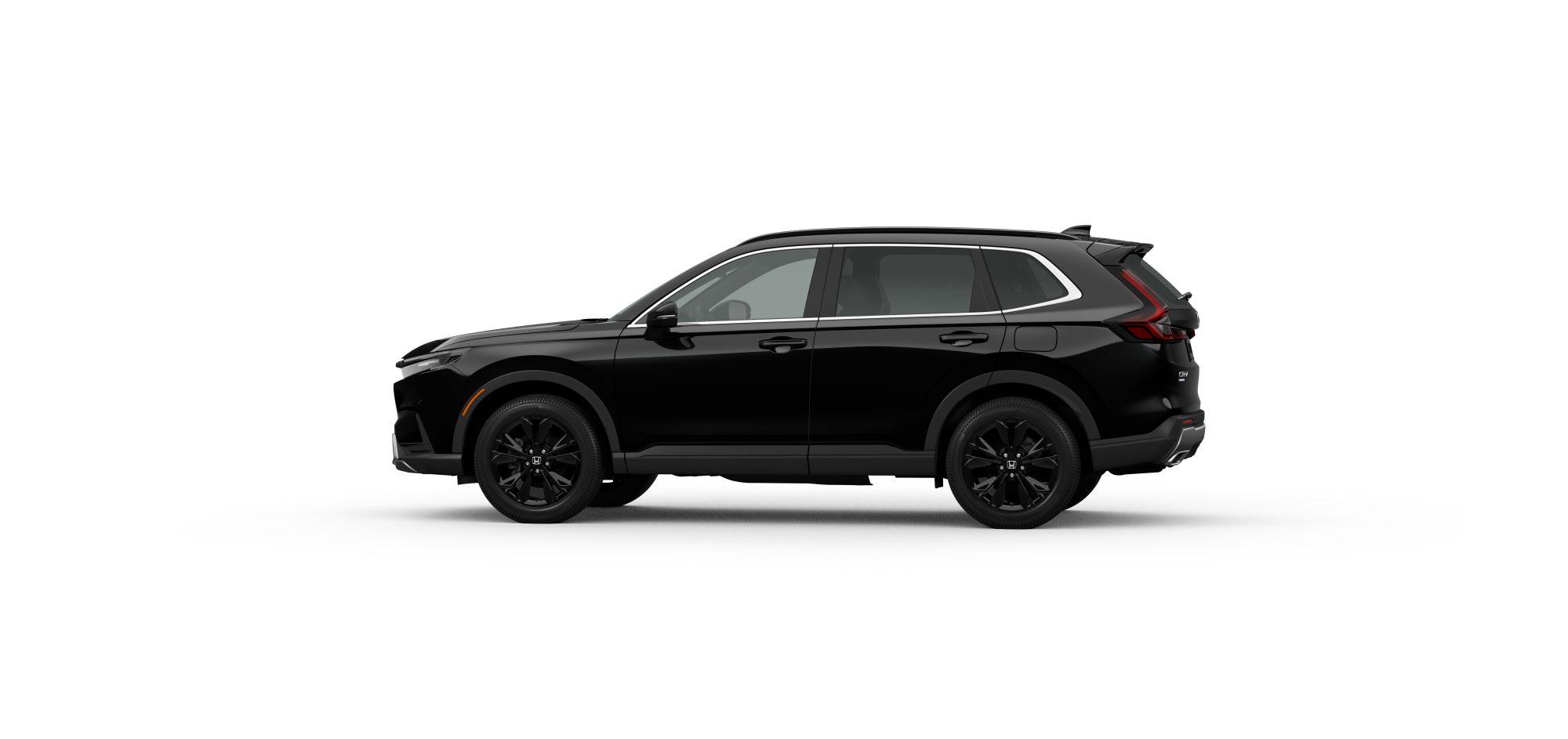 Side driver-side view of 2025 CR-V Sport Touring in Crystal Black Pearl colour on white space. 