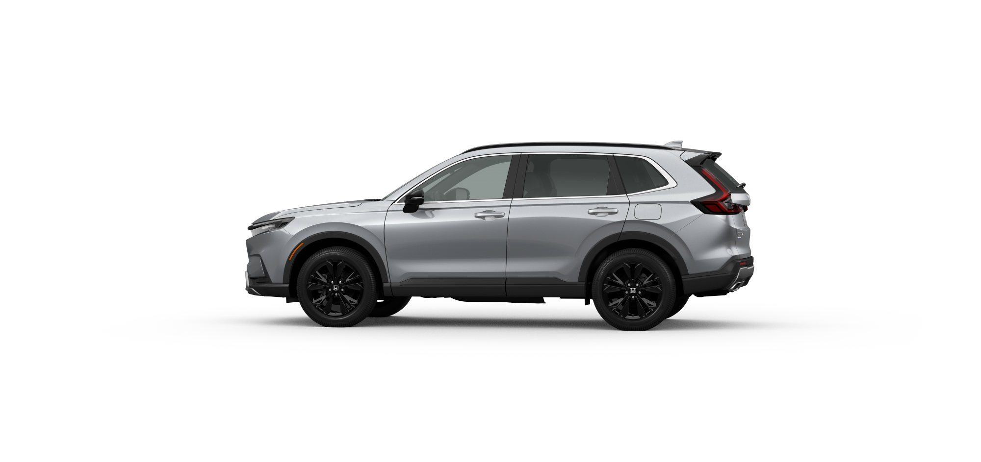 Side driver-side view of 2025 CR-V Sport Touring in Solar Reflection Silver Metallic colour on white space. 