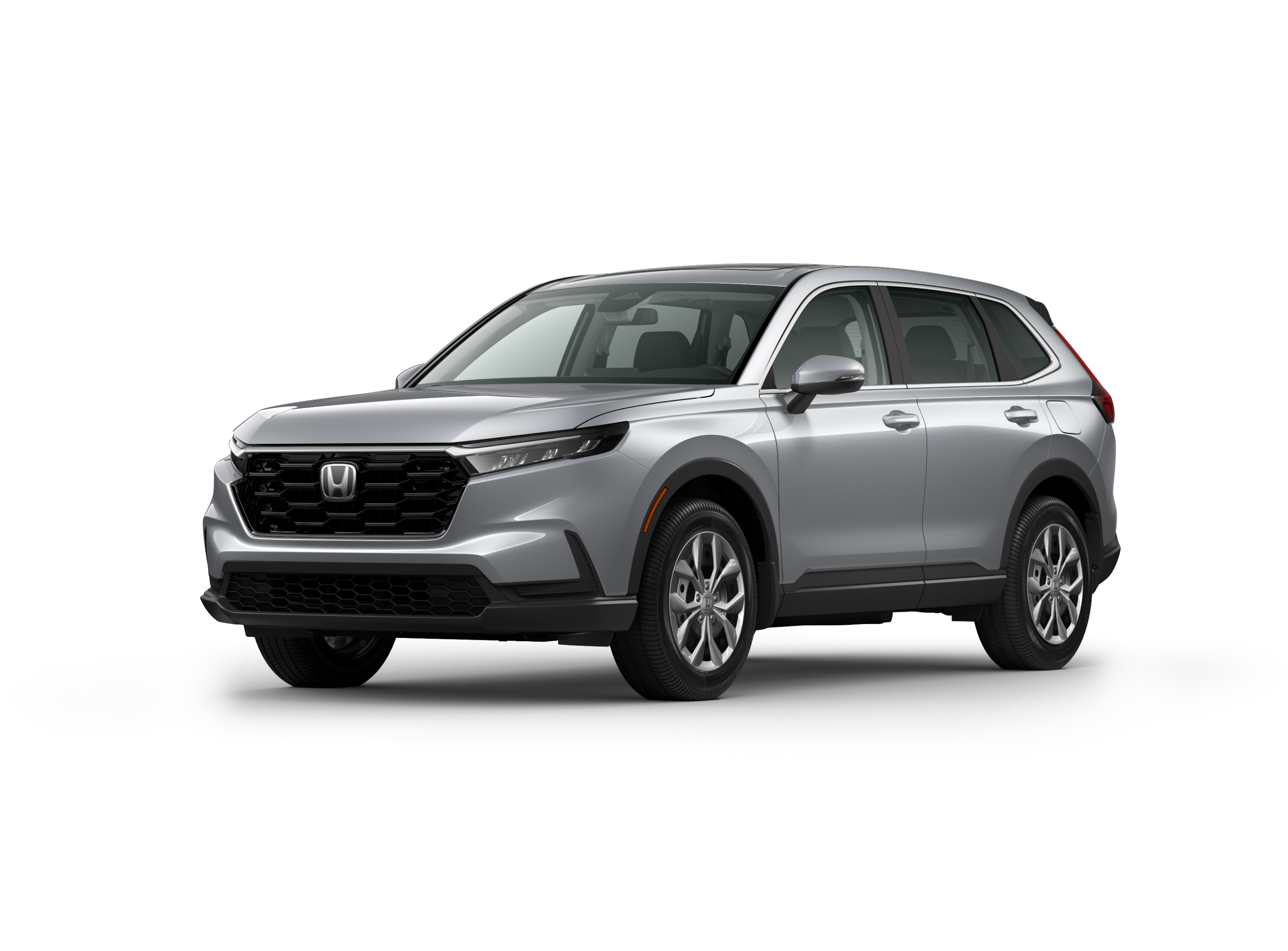 Vue ¾ avant côté conducteur du modèle CR-V LX AWD 2026 en reflet solaire argent métallisé