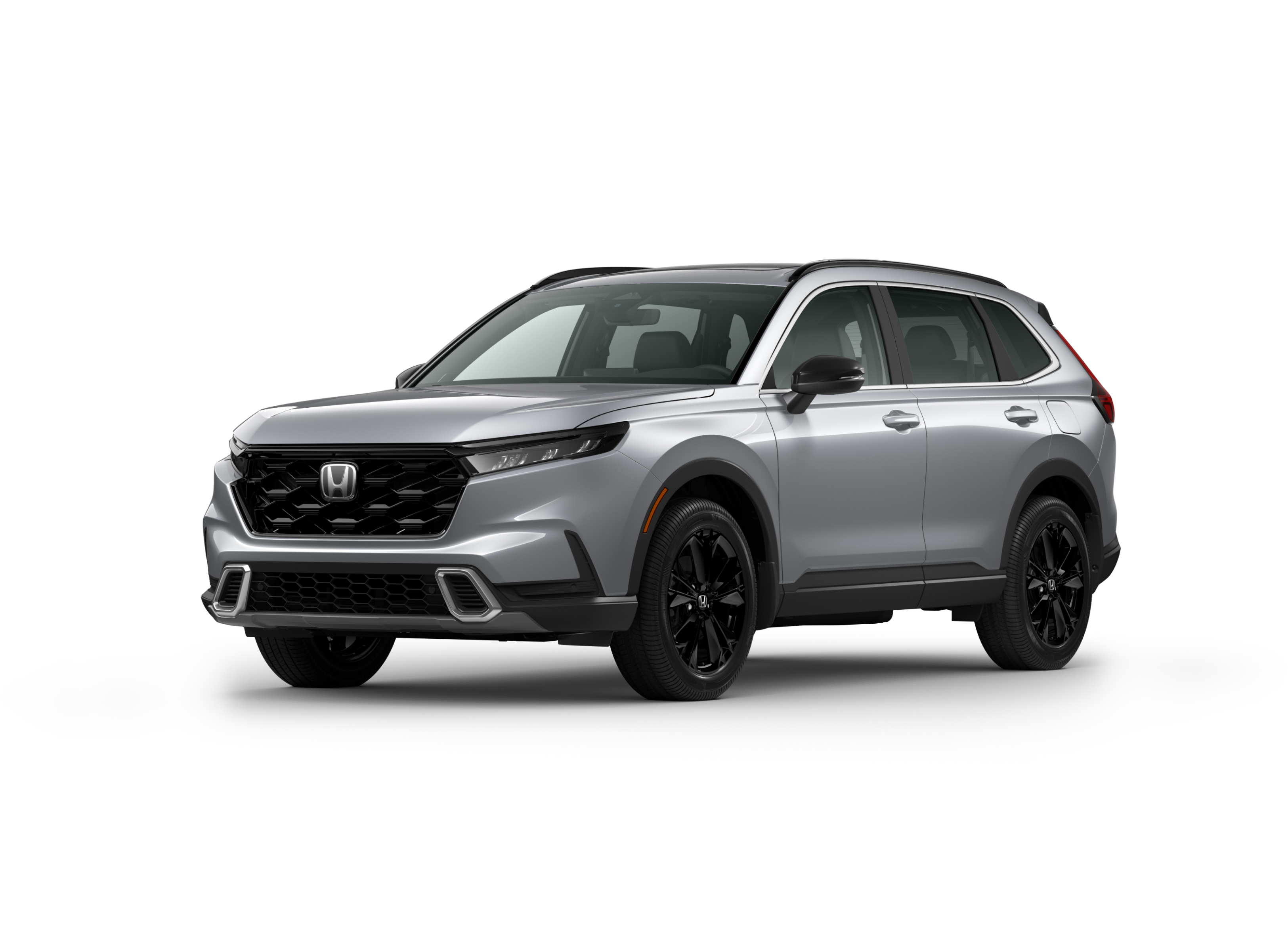 ¾ driver side front facing view of 2026 CR-V Touring Hybrid model in Solar Reflection Silver Metallic colour