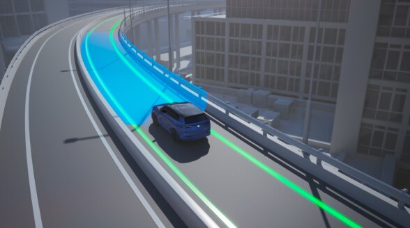 Graphic display of a CR-V on an elevated highway with green sensors emitting from the vehile. 