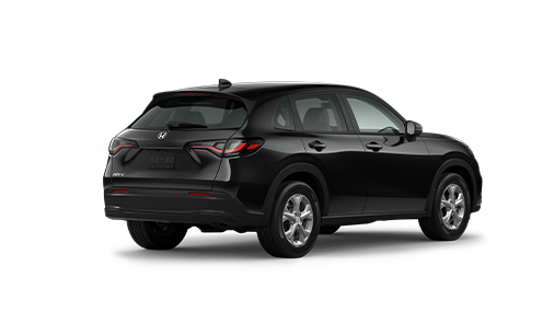 ¾ driver side rear facing view of 2023 HR-V LX 2WD model in Crystal Black Pearl colour