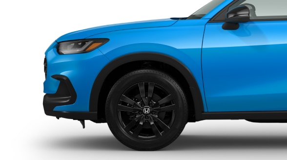 Gros plan sur des roues de 18 po noir lustré.