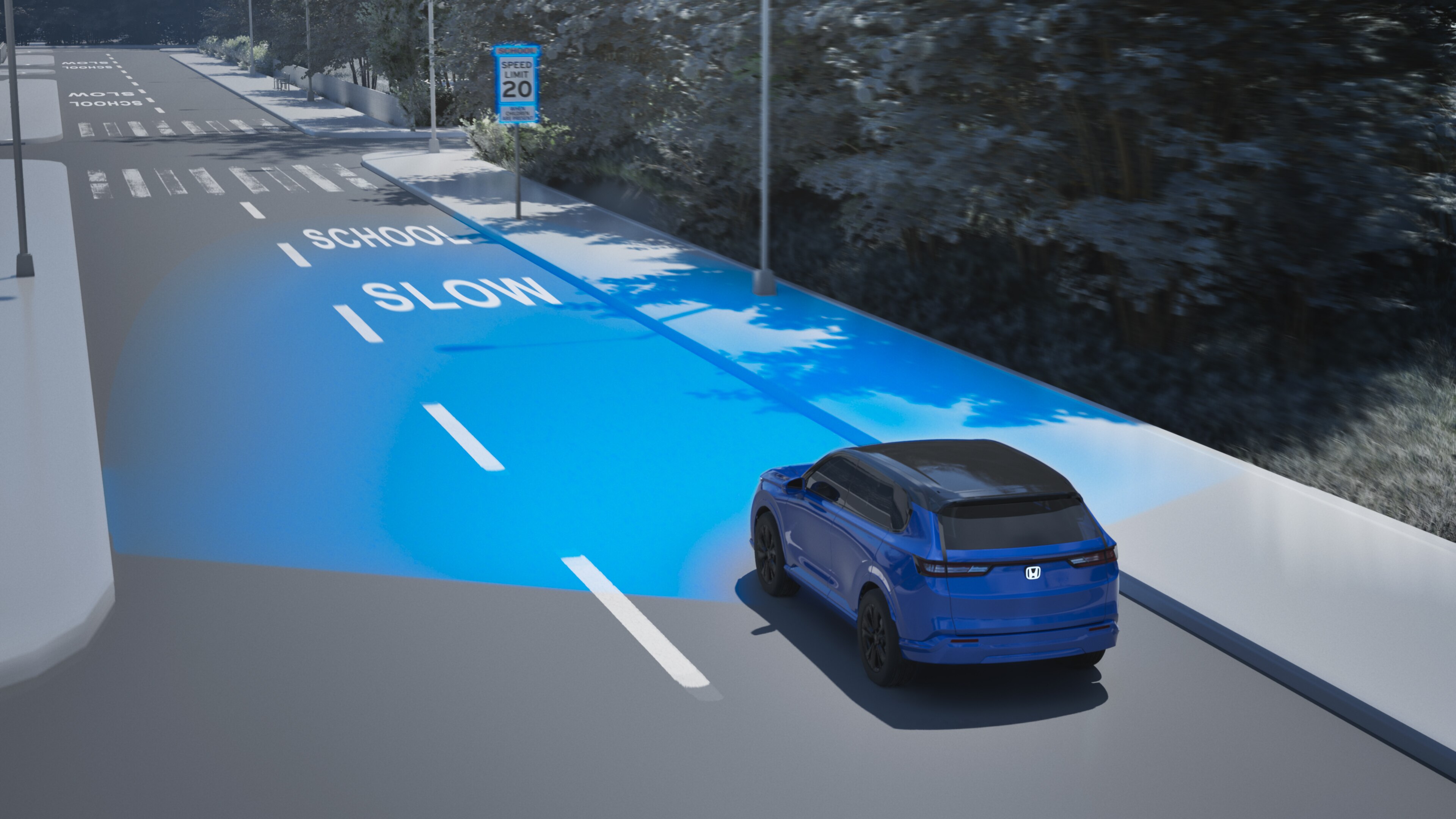 Overhead illustration of a CR-V with blue lights emanating from the front.