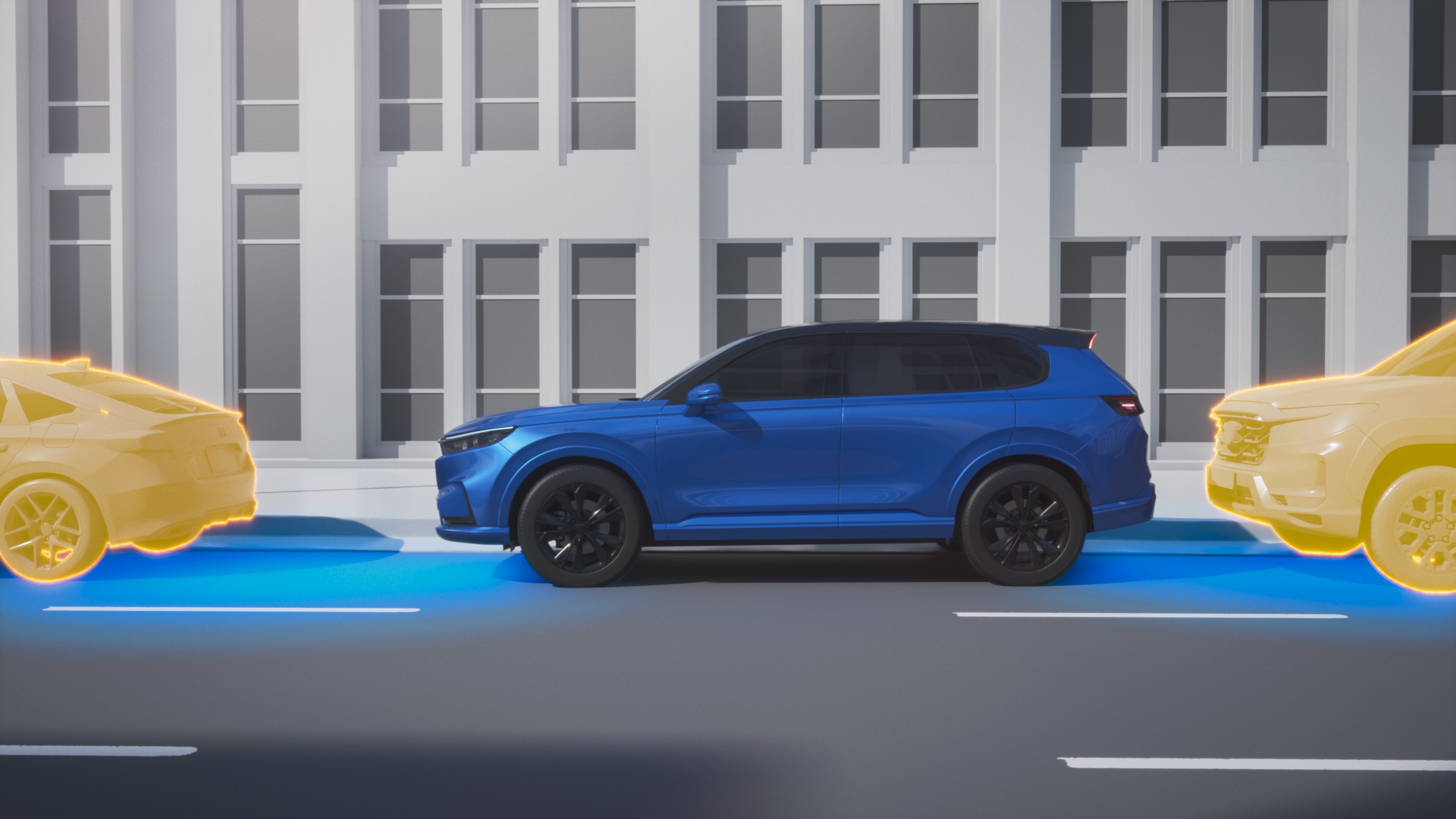 Image de synthèse d’un large plan latéral d’un Prologue bleu qui se stationne en parallèle dans une rue en ville. Des ondes bleues jaillissent depuis l’avant et l’arrière, détectant les véhicules stationnés à l’avant et à l’arrière du Prologue.