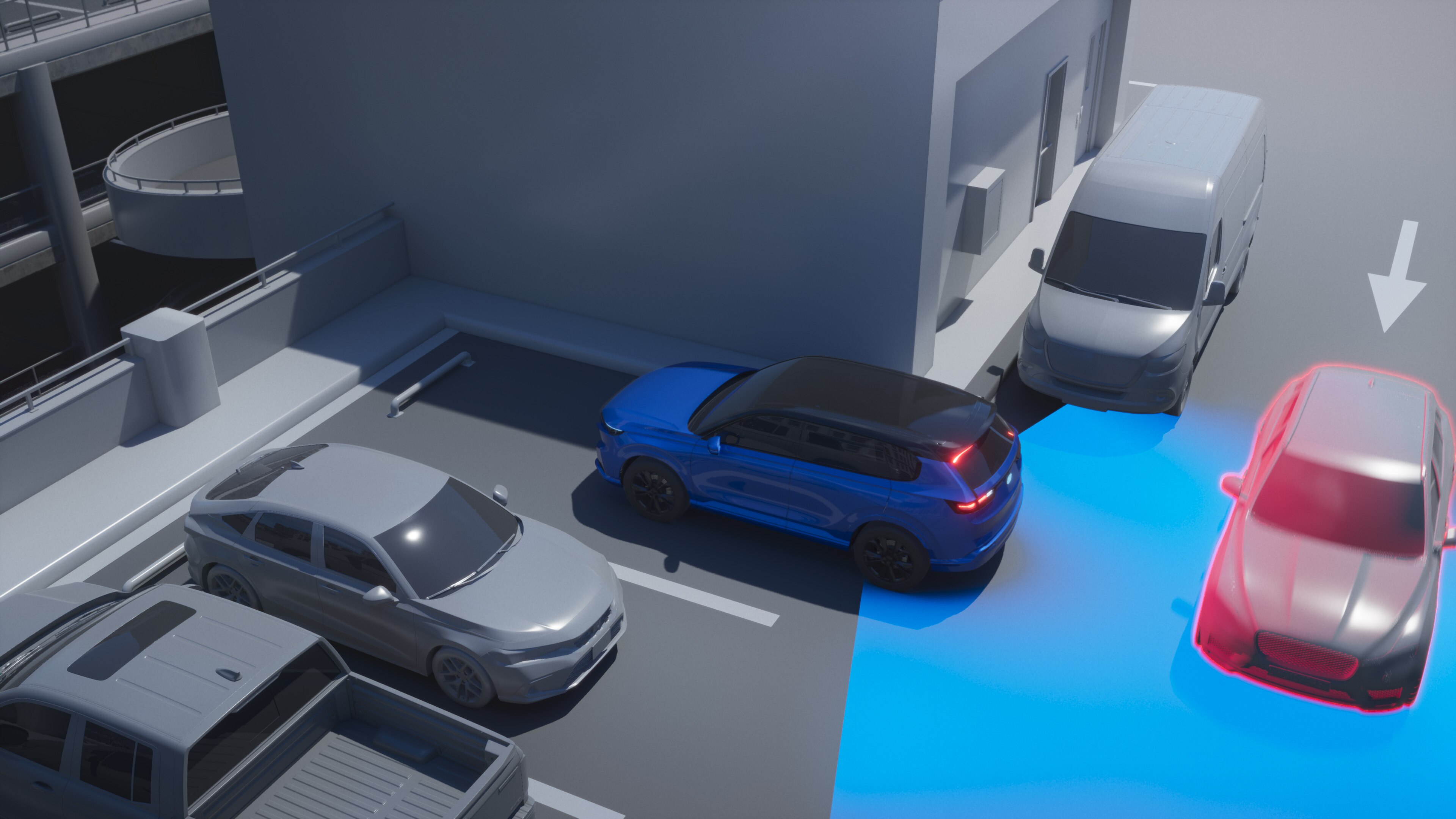 Illustration from overhead showing a vehicle avoiding a collision while reversing out of a parking spot.