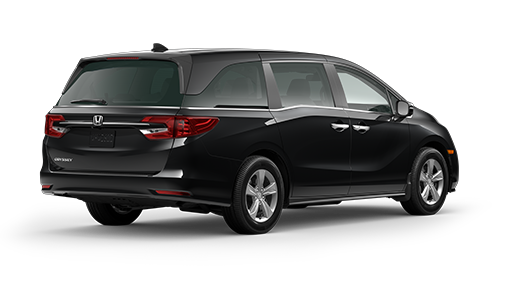 ¾ driver side rear facing view of 2023 Odyssey EX model in Crystal Black Pearl colour