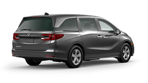 ¾ driver side rear facing view of 2023 Odyssey EX model in Modern Steel Metallic colour