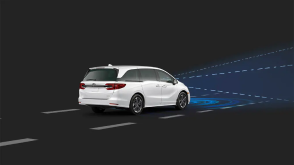 3/4 rear view of Odyssey. Blue sensor waves and lines emit from the front.