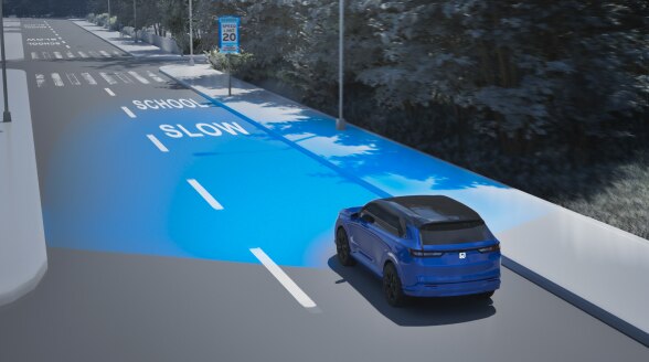 Vue 3/4 arrière d’une Odyssey devant un panneau de vitesse. Des ondes et des lignes bleues jaillissent depuis l’avant.