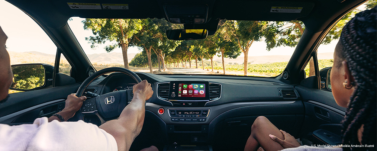 Panoramic interior view of front seats; couple driving by a vineyard.