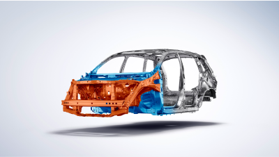 Vue de trois quarts de l’avant de la structure de carrosserie d’un Passport sur fond blanc. 