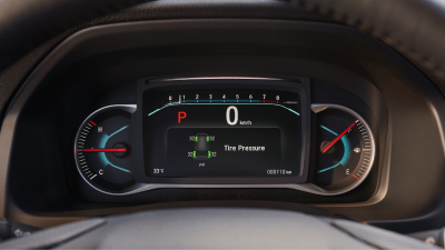 Closeup of dashboard indicating tires and their pressure.