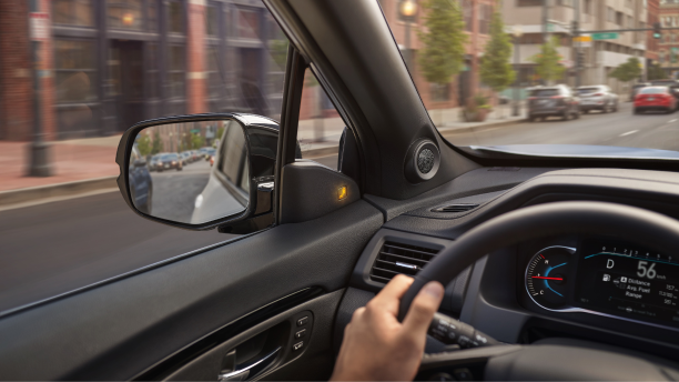 Closeup of side mirror, seen from the interior.