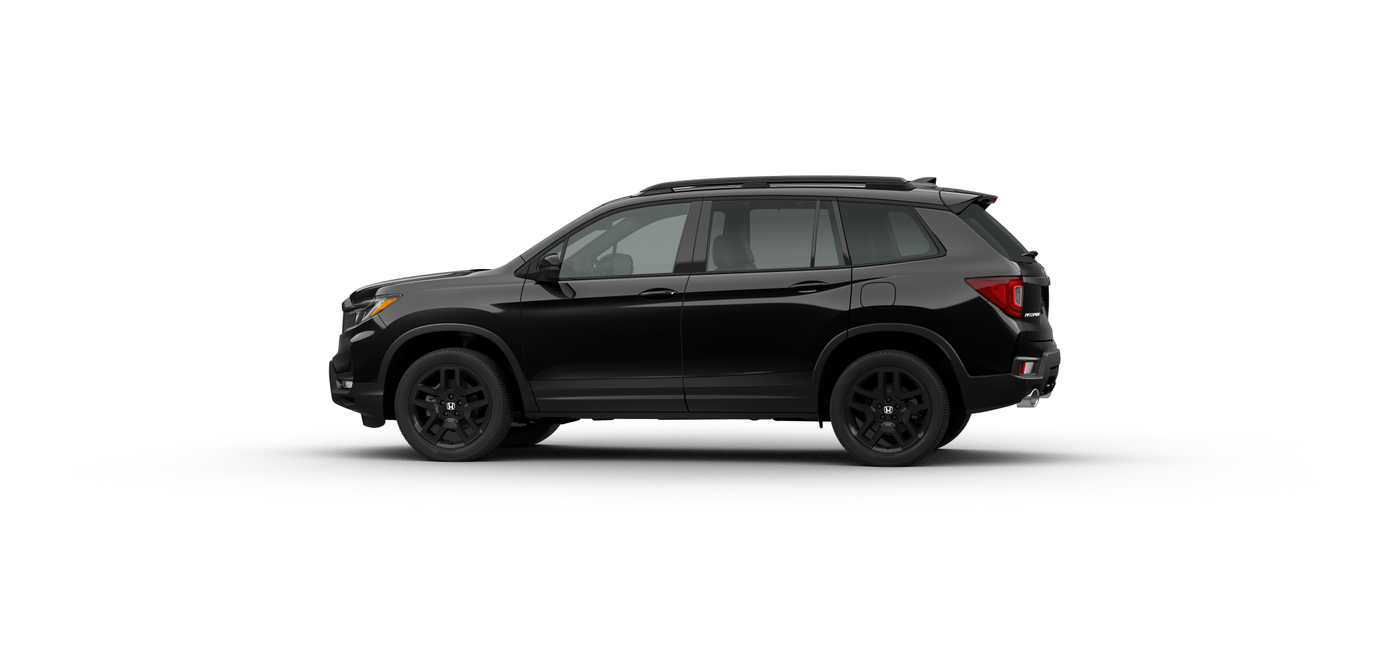 Side driver-side view of 2025 Passport Black Edition in Crystal Black Pearl colour on white space. 