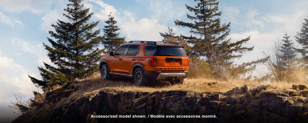 An orange Passport is parked at the top of a forest outlook.