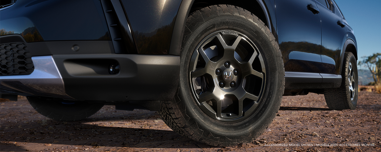 Gros plan des roues noires d’un Pilot bleu pâle dans le désert. 