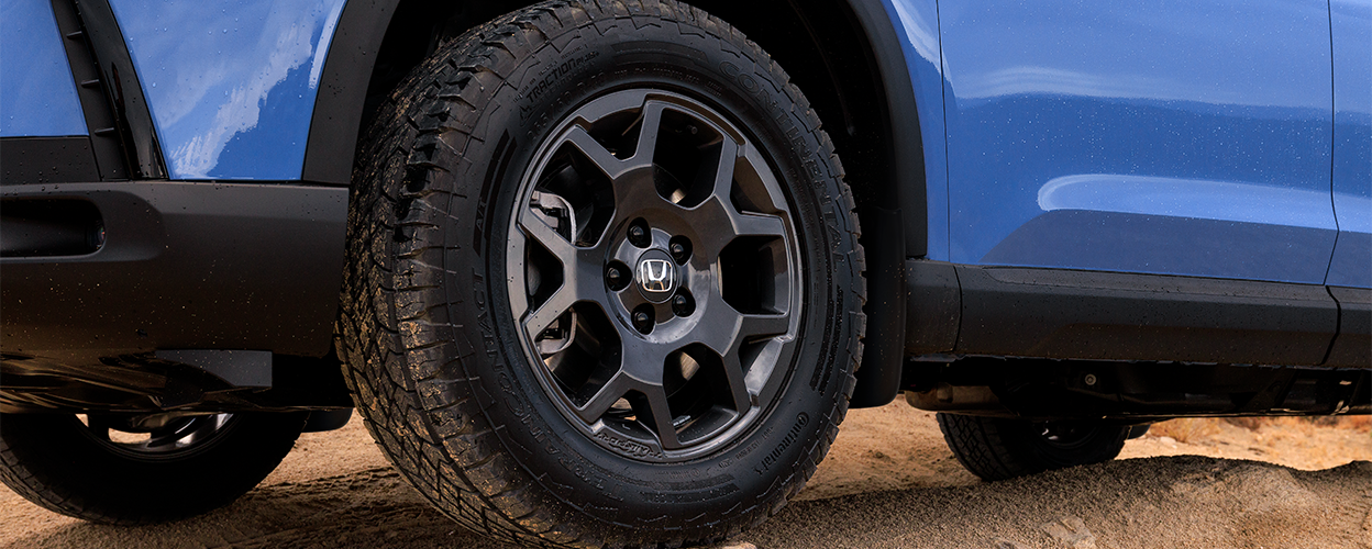 Closeup of black wheels on a light blue Pilot in the desert.