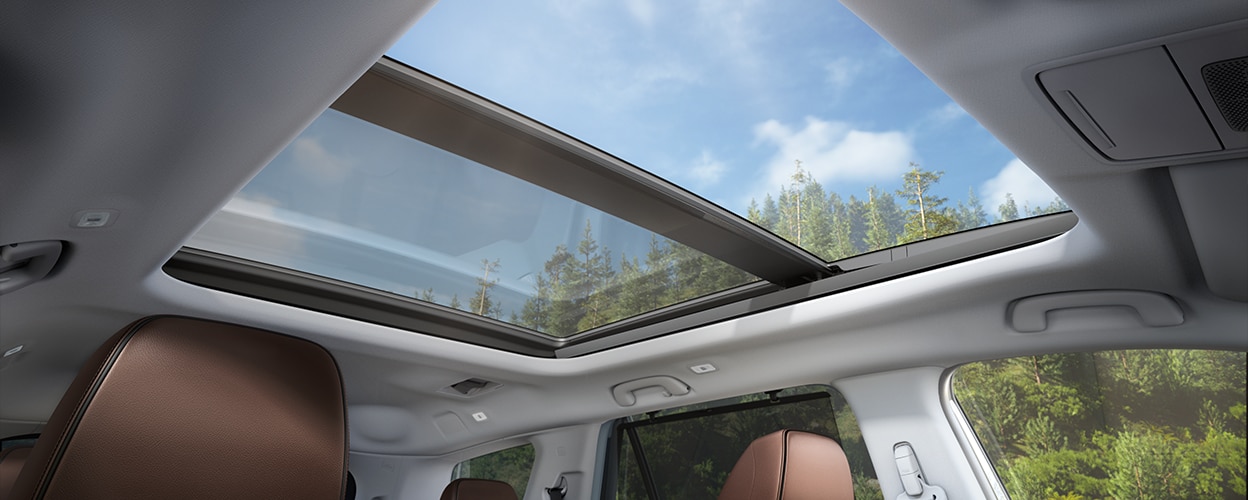 Plan en contre-plongée de l’intérieur d’un Pilot, montrant le toit ouvrant panoramique ouvert.
