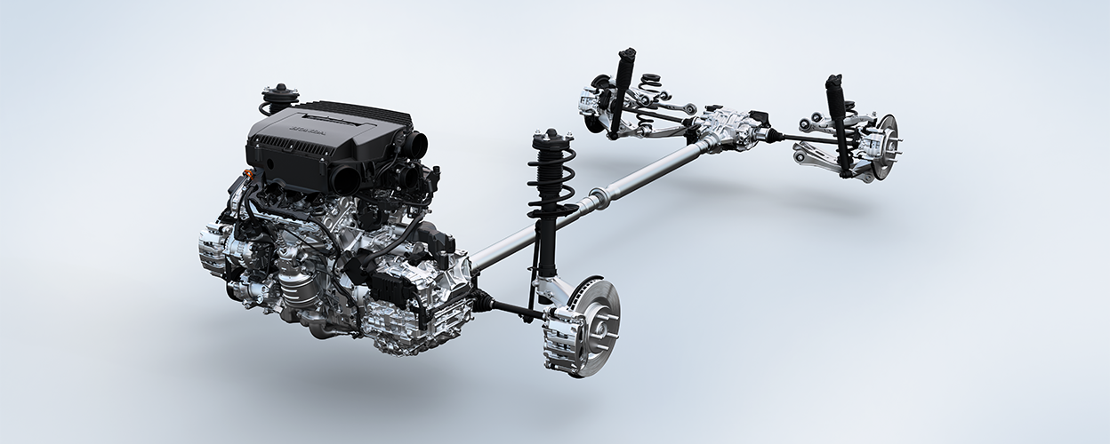 Plan de trois quarts avant montrant le moteur et le châssis sur un fond blanc.