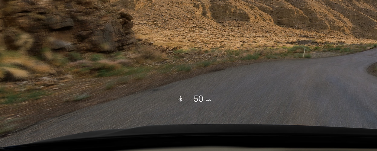 Projection sur le pare-brise montrant la vitesse de conduite du Pilot : 50 km/h.