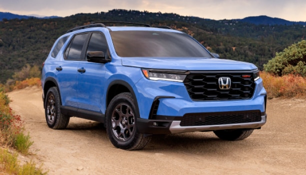 3/4 front view of light blue Pilot parked in middle of the desert amid desert plants.