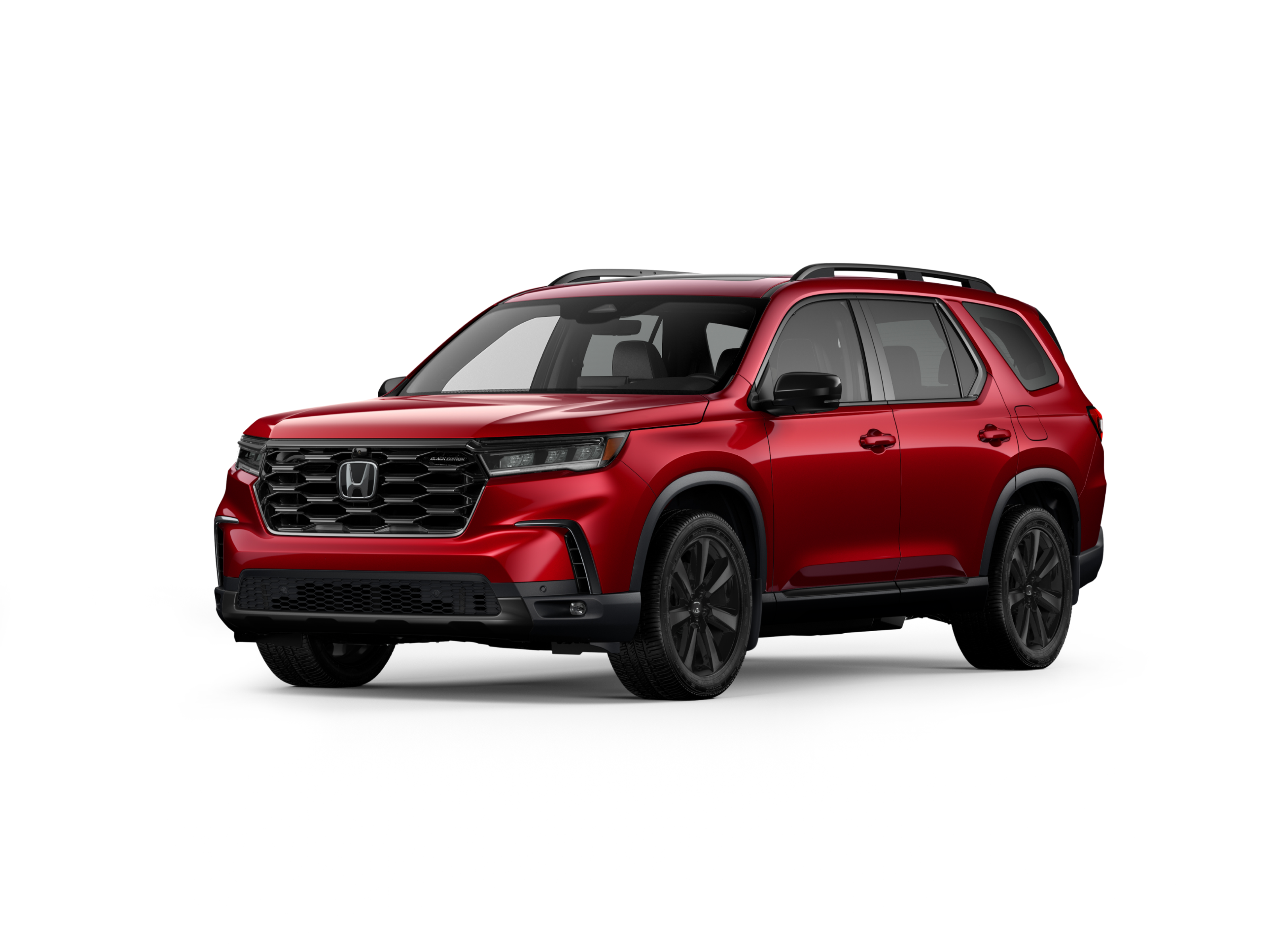 ¾ driver side front facing view of 2025 Pilot Black Edition model in Radiant Red Metallic II colour