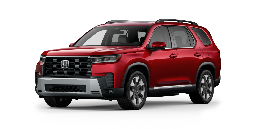 Vue de trois quarts avant d’un Pilot rouge sur fond blanc.