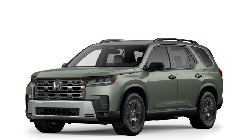 Vue de trois quarts avant d’un Pilot Trailsport vert sur fond blanc.