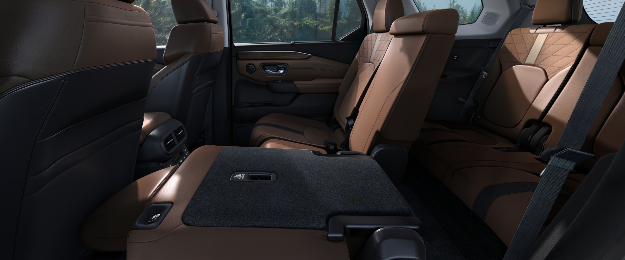 Interior view of the Pilot's second row with one seat folded down.