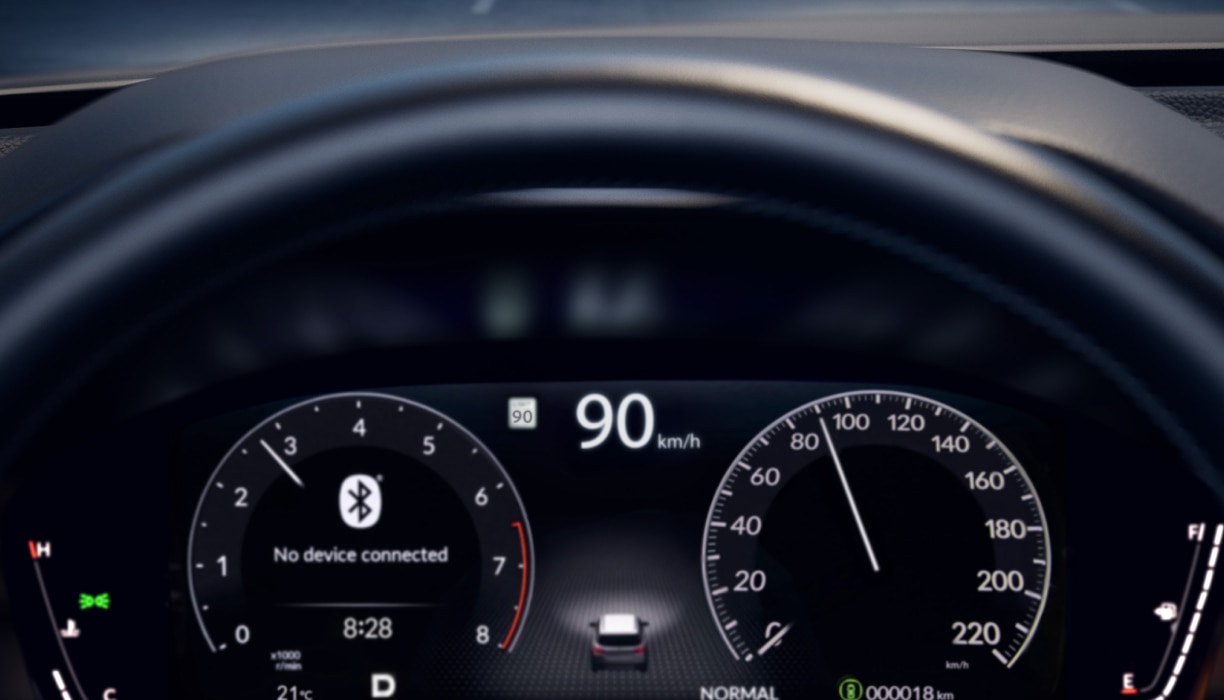 Closeup of the Pilot's TFT display with the steering wheel in the foreground, showing digital gauges and driving information.