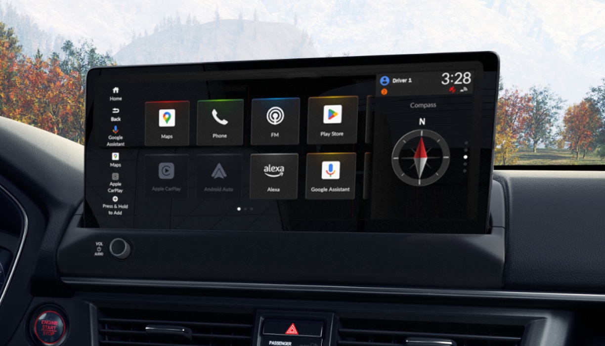 Gros plan sur l’écran tactile du Pilot affichant les applications de la page d’accueil et une boussole.