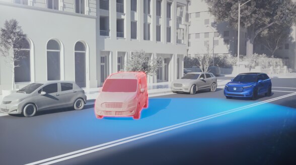Illustration graphique d’un véhicule circulant en ville. Des lumières bleues émanent de l’avant, détectant une collision potentielle avec un autre véhicule sur la route.