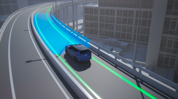 Bird's eye view of a digital rendering of a vehicle driving on an elevated highway with green sensors emitting from both sides.