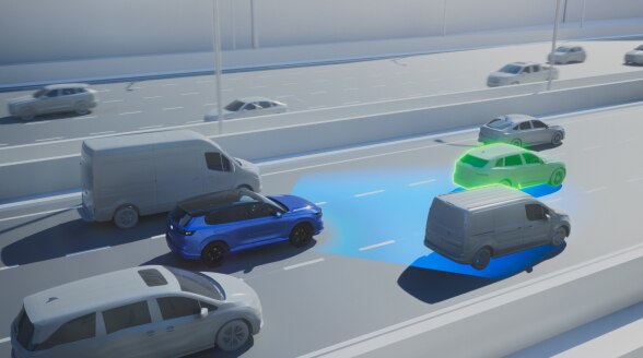 Digital rendering of a vehicle driving on a busy highway with a swath of blue light emanating from the front. The vehicle ahead of it is highlighted in green.