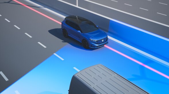 Digital rendering of a blue vehicle on a city highway with blue graphic overlay. The side of the road is highlighted in red, demonstrating sensors detecting the vehicle drifting out of the lane.