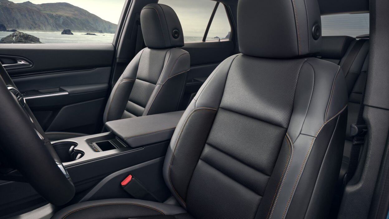 3/4 interior view of the driver and front passenger seats.