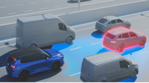 Computer-generated illustration with a 3/4 bird’s eye side view of a blue Prologue on a highway. Blue sensor waves emit from the front, detecting a car in front of the Prologue.