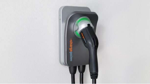 Closeup of ChargePoint+ charging unit mounted on wall.