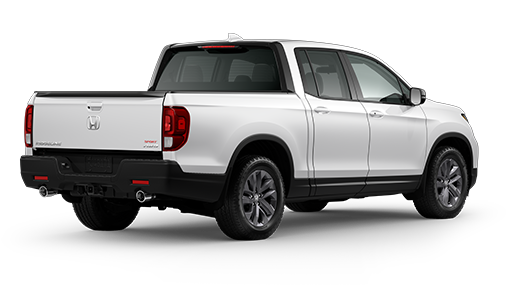 ¾ driver side rear facing view of 2022 Ridgeline Touring model in Platinum White Pearl colour