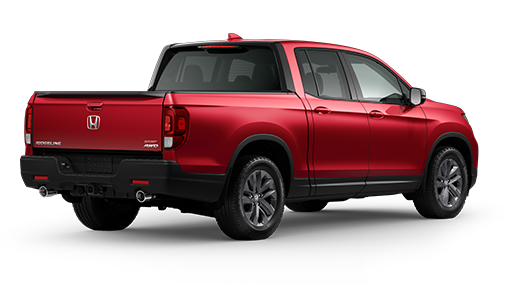 ¾ driver side rear facing view of 2022 Ridgeline Touring model in Radiant Red Metallic II colour